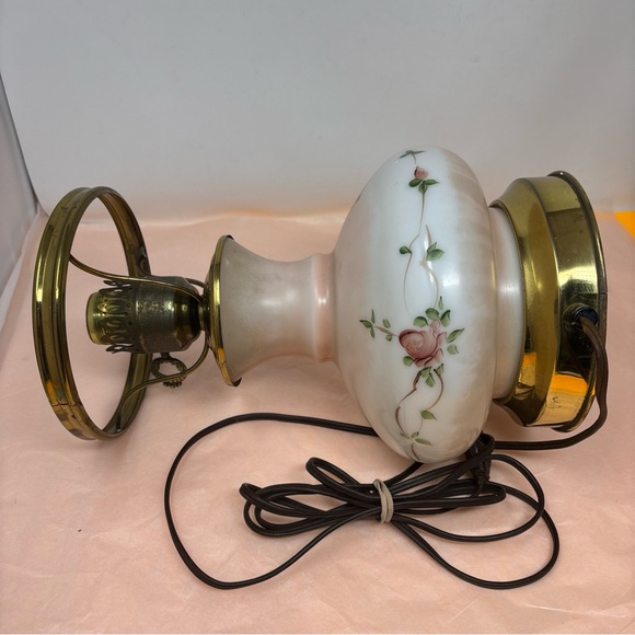 Vintage Floral White Glass Table Lamp with Pink Rose Detail • no top • works - Picture 6 of 16